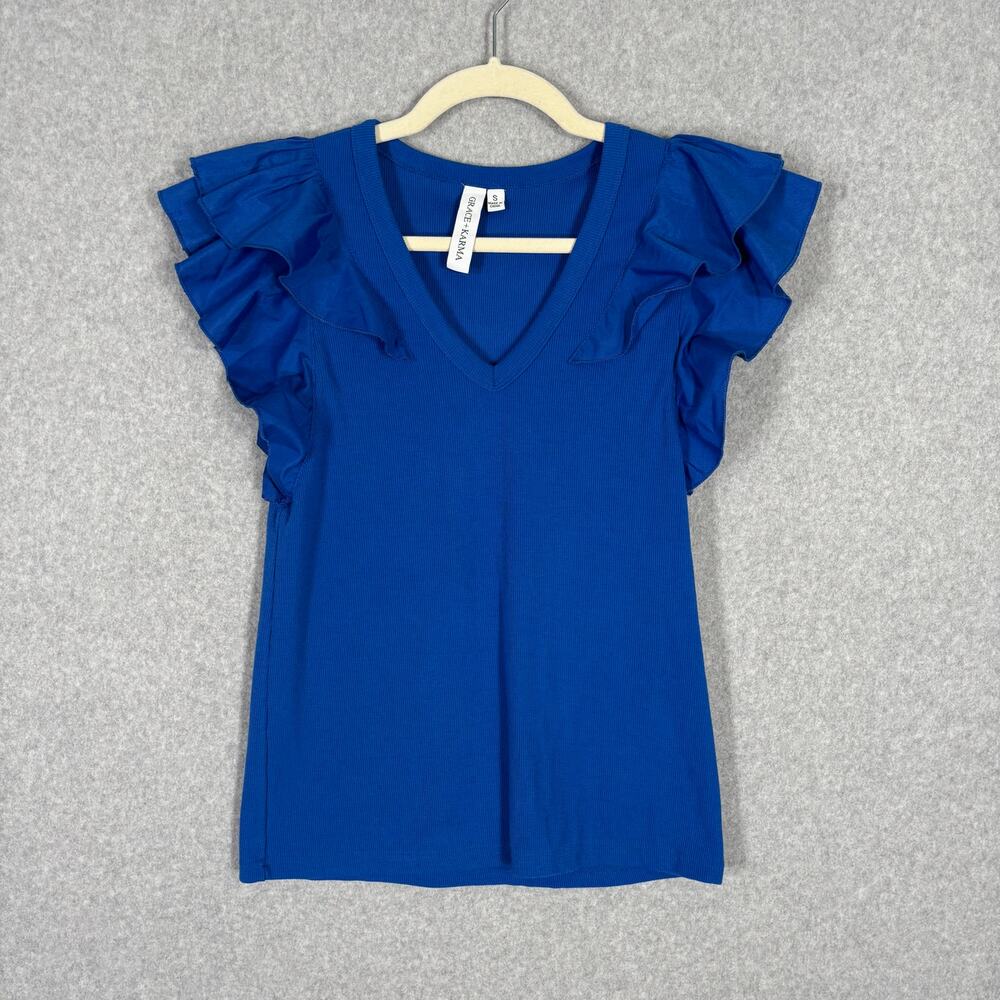 Grace Karma Ruffle Sleeve Top‎ Small Flutter Ribbed Coquette Feminine Preppy